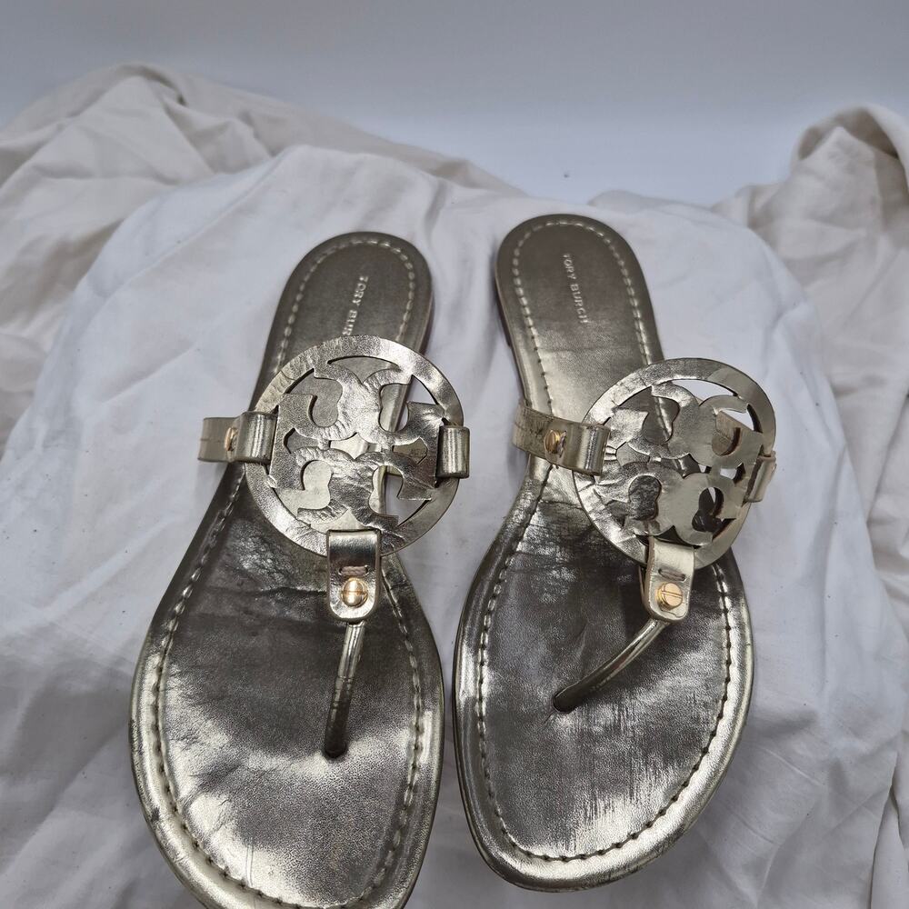 Tory Burch Miller gold Leather flat Sandal slip-on slide thong flip flop sz 10.5